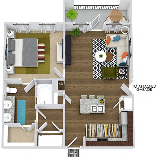 Floor plan for 1 bed, 1 bath, 751 sqft